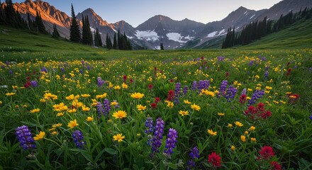 Stunning mountain landscape with wildflower meadow and snow-capped peaks at sunrise