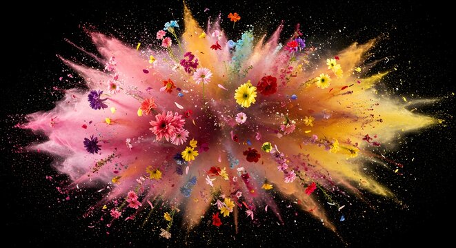 Colorful flowers exploding in powder