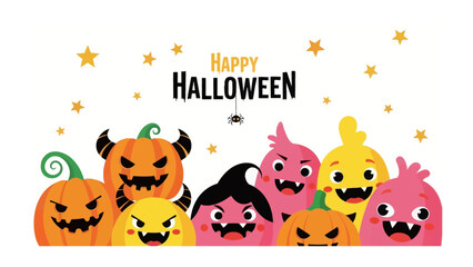 Festive Halloween Illustration: A collection of quirky, cartoonish Halloween characters. A fun illustration perfect for the spooky season.