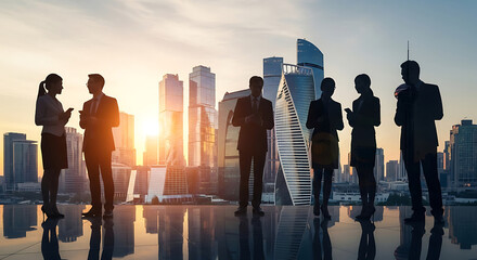Silhouettes of business people standing on a rooftop with a modern city skyline in the background during sunset