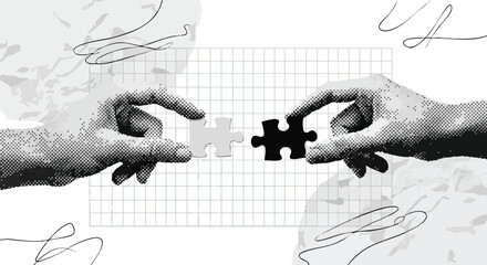 Two hands are about to connect two puzzle pieces, one black and one white, symbolizing collaboration and problem-solving.