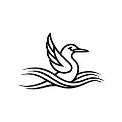 Minimalist line art of a bird with wings spread, gracefully floating on stylized waves.