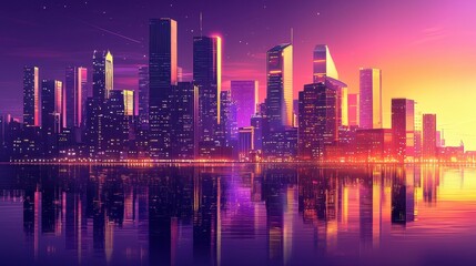 Fototapeta premium Vibrant skyline reflects in water with colorful sunset illuminating the cityscape of a modern metropolis