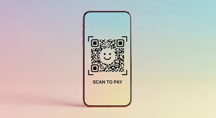 A smartphone screen displaying a QR code for cashless payment and a simple pastel gradient background