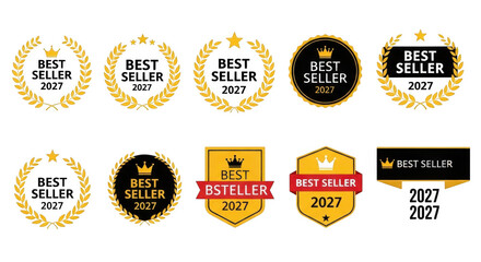 Collection of golden laurel wreaths award badges shields and medals for achievements and recognition isolated on transparent background