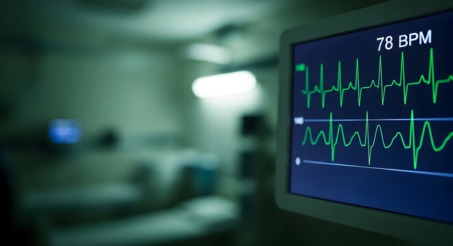 ECG Monitor Displaying Green Heart Rhythm Data in Medical Room