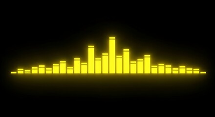 Vibrant yellow audio equalizer bars glowing against a dark background representing sound waves and music visualization in a digital art style