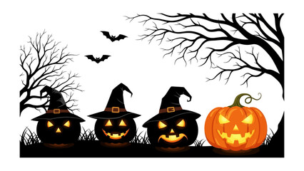 Halloween Festive: Spooky Halloween pumpkins with unique carved faces, set against a backdrop of eerie trees and flying bats, evoke the spirit of the season.