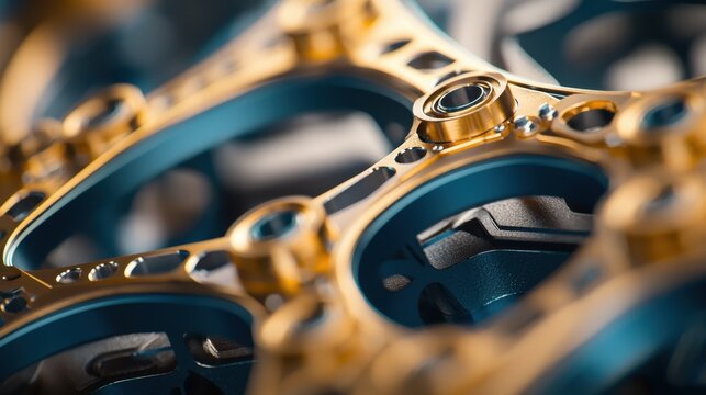 Intricate close-up of a gold and blue mechanical part showcasing unique design and craftsmanship in engineering components
