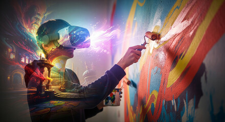 A person wearing a VR headset enjoys the blend of virtual reality and reality by painting on the wall.