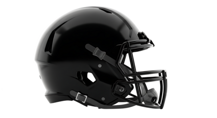 Black American Football Helmet with Glossy Finish and Face Mask, Side View, Transparent Background