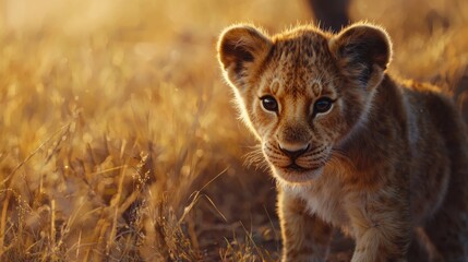 Obraz premium Curious lion cub exploring the golden savanna during sunset with a backdrop of tall grass and warm light enhancing its playful demeanor