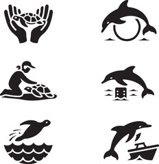 Marine Life Conservation and Dolphin Activity Icons sea turtle hands