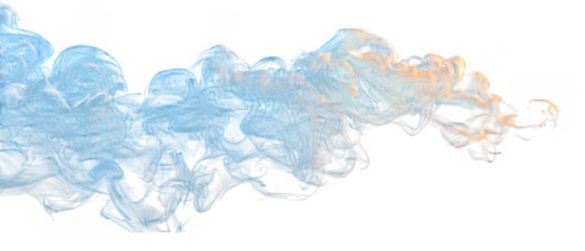 Abstract swirling blue and orange wispy smoke cloud isolated on transparent background