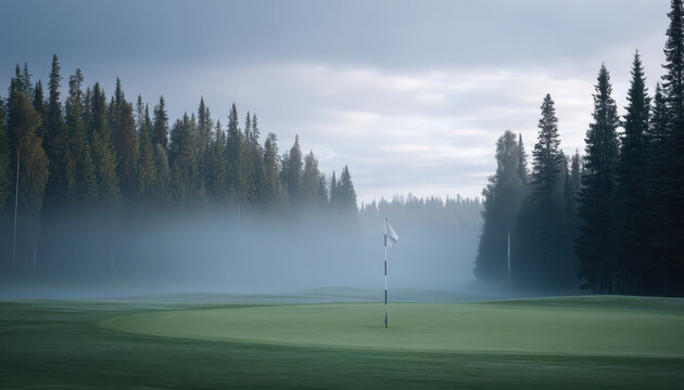 Misty golf course with green grass and flag surrounded by tall pine trees under cloudy sky creating calm and peaceful atmosphere early in morning