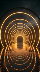 Obraz premium Futuristic Glowing Neon Tunnel With Golden Light Rings Symmetry Reflection And Sci Fi Abstract Background