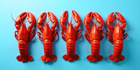 Three red lobsters aligned on a blue background, studio shot , vibrant colors, symmetrical composition, food photography, high resolution, detailed texture, bright lighting, culinary presentation.