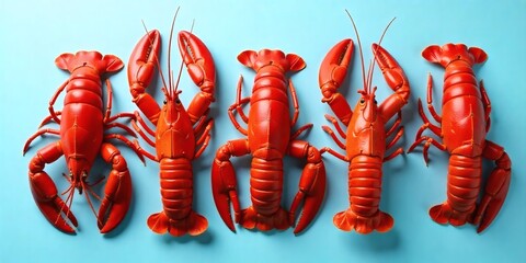 Three red lobsters aligned on a blue background, studio shot , vibrant colors, symmetrical composition, food photography, high resolution, detailed texture, bright lighting, culinary presentation.