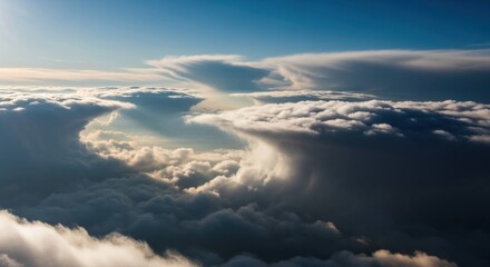 Obraz premium Clouds blanket scene, with light bursting through. Aerial view