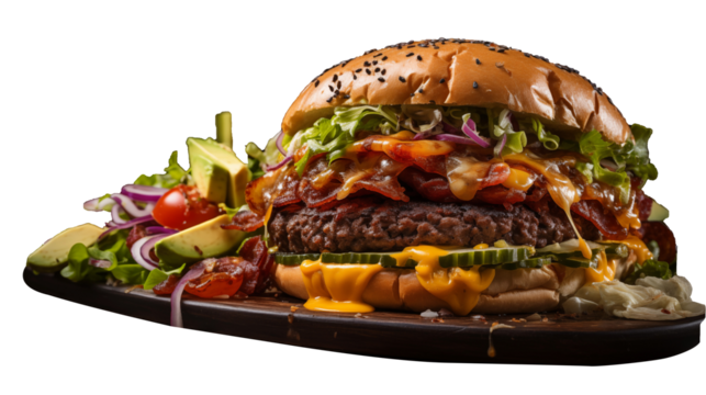 Juicy burger, indulge in flavor with a mouthwatering stock photo. Double patty cheeseburger with pickles.