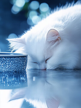 white cat lapping water on blue funtain environement