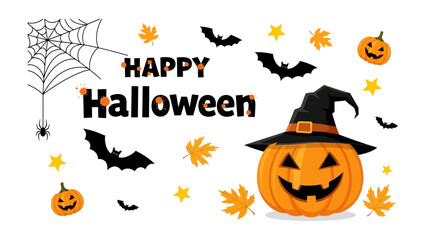 Happy Halloween Celebration: A whimsical Halloween scene, featuring a carved pumpkin wearing a witch's hat and surrounded by playful bats, a spiderweb, and festive elements.