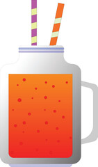 A cartoon illustration of a mason jar filled with a gradient orange liquid and two striped straws