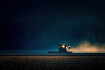 Nighttime Harvest Illuminated Agricultural Machine in Field of Glowing Grains