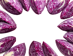Hyper-realistic PNG of red cabbage wedges fanned out elegantly on a pastel pink 