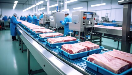 Food production facility for packaged meat items on a conveyor