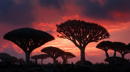 A Dragons Blood Tree In Socotra At An Otherworldly Sunset
