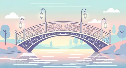 Obraz premium Serene Bridge Over Calm Waters with Stylish Lanterns and Gentle Pastel Colors