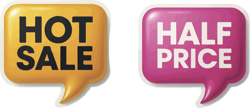 Eyecatching hot sale and half price speech bubbles for promotional marketing campaigns and retail advertising to attract customers with special offers and discounts on products