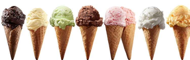 A delightful assortment of seven different ice cream cones in waffle cones lined up.