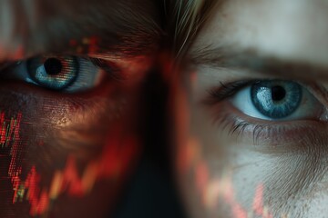 Naklejka premium Close Up Of Two Eyes With Blue Irises And Red And Blue Light Effects