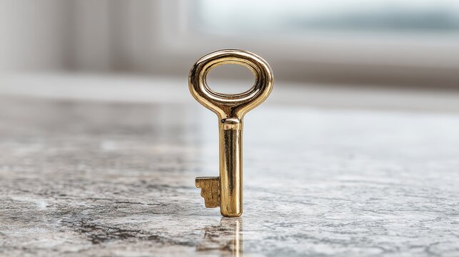 Vintage Gold Key on Marble Surface with Blurred Background and Natural Light Highlighting Its Shine and Detail