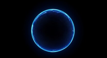 Abstract glowing blue geometric oval shape with a dark background representing technology science and futuristic concepts with a digital energy field