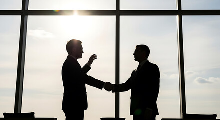 Two businessmen shaking hands and gesturing in silhouette against a large office window with a city view