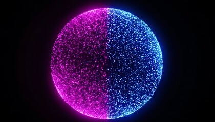 Abstract glowing sphere divided into two halves one vibrant pink and the other electric blue against a dark background representing duality and digital art