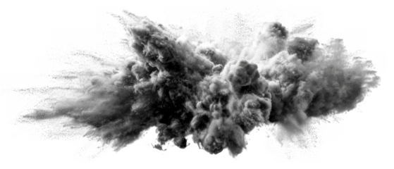 Dynamic monochrome powder explosion bursting with fine particles isolated on transparent background