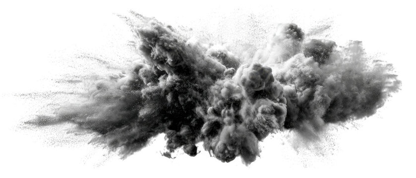 Dynamic monochrome powder explosion bursting with fine particles isolated on transparent background