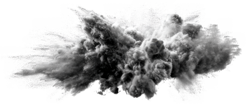 Dynamic monochrome powder explosion bursting with fine particles isolated on transparent background