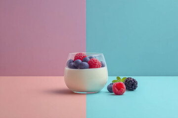 Yogurt parfait with fresh blueberry, raspberry, and blackberry in clear glass on pastel pink and blue background, healthy breakfast concept, minimal and vibrant style