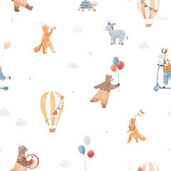 Seamless watercolor kids pattern with animals, balloons and hot air balloons. Cute hand painted nursery design for fabric, wallpaper and wrapping paper