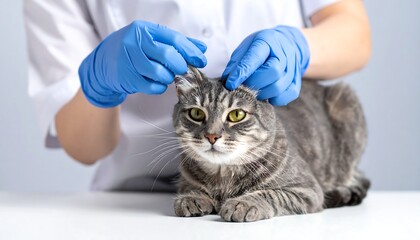 Vet examining a tabby cat's ears