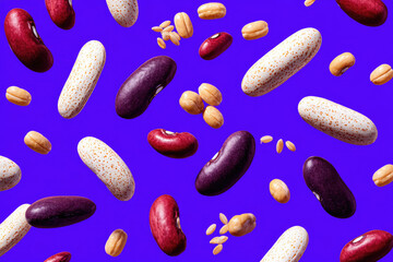 Floating beans seeds grains legumes and pulses on vibrant blue background create playful dynamic food pattern with healthy organic and nutritious feeling