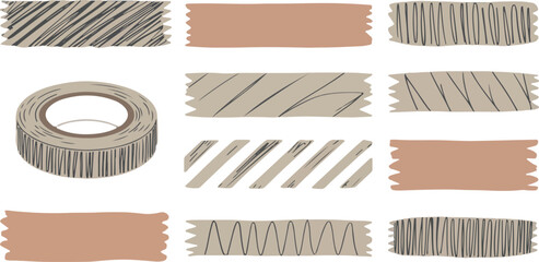 Decorative washi tape collection featuring various patterns and solid colors for scrapbooking and creative projects offering a versatile aesthetic for journaling and crafts