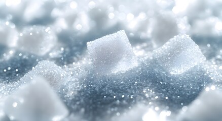 Sparkling close-up of sugar cubes on glittering surface