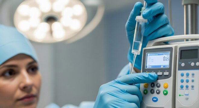 Close-up of clinician adjusting smart IV infusion pump in hospital, showcasing advanced medical technology and patient care precision for innovative healthcare solutions