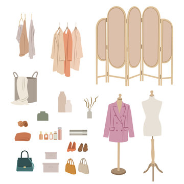 Fashion and beauty accessories vector set, handbags, high heels, perfumes, dresses and decor items